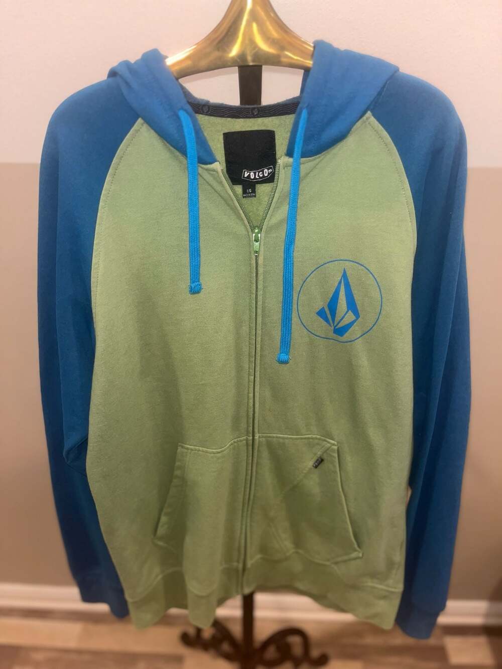 Volcom Logo Full Zip Hoodie Green Blue Size Large
